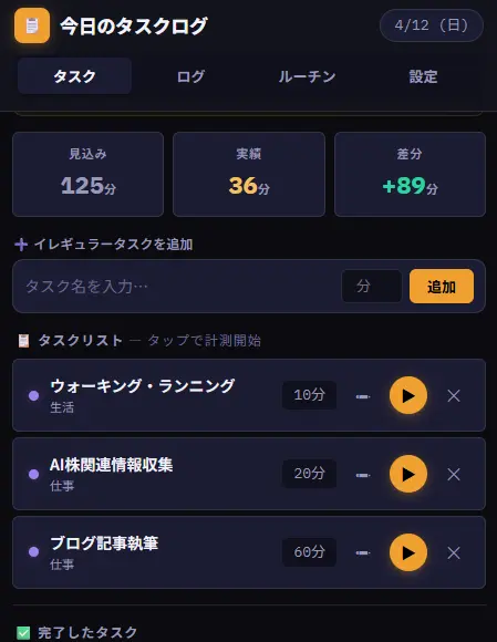 今日のタスクログのスクリーンショット：見込み時間・実績時間・差分を表示し、その日のタスクリストをタップで計測開始できるシンプルな画面