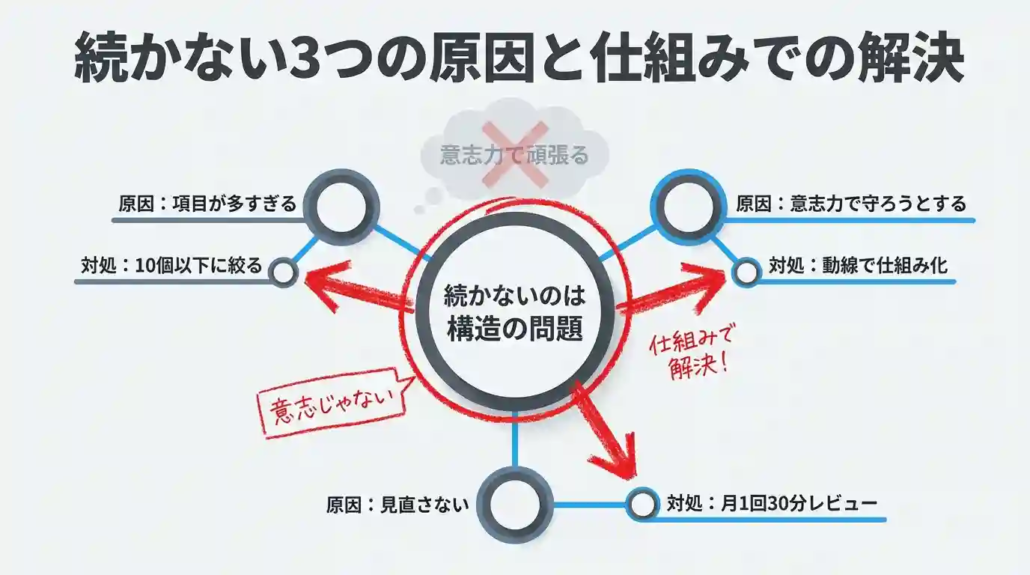 続かない3つの原因と仕組みでの解決