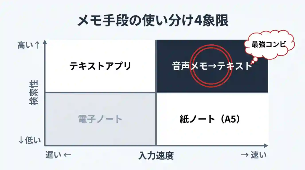 図解③_メモ手段の使い分け4象限_マトリクス