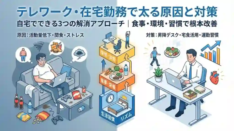 テレワーク・在宅勤務で太る原因と対策|自宅でできる3つの解消アプローチ テレワーク・在宅勤務で太る原因と対策|自宅でできる3つの解消アプローチ